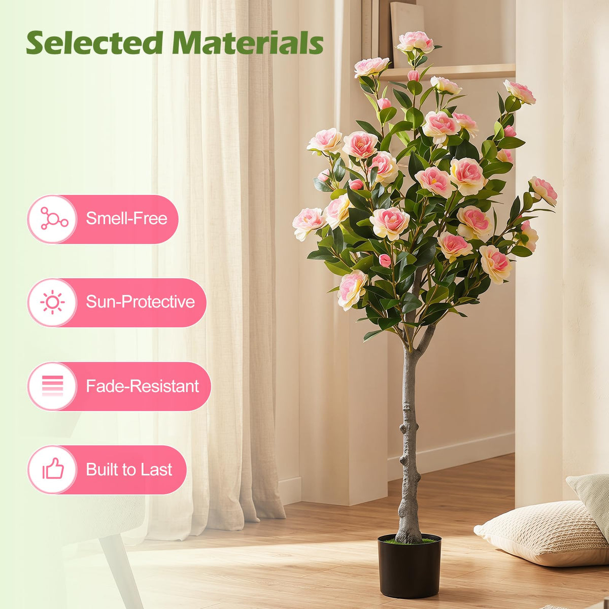 Lucktree 50.5" Artificial Camellia Tree with 27 Camellia Blossoms | Realistic Fake Potted Floral Tree