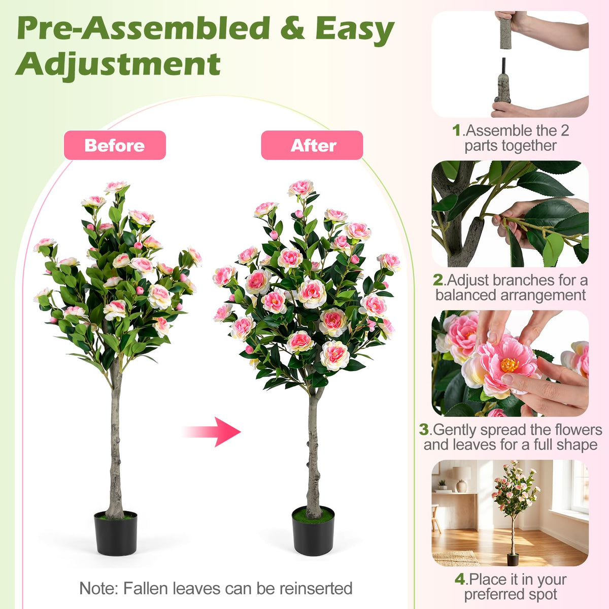Lucktree 50.5" Artificial Camellia Tree with 27 Camellia Blossoms | Realistic Fake Potted Floral Tree