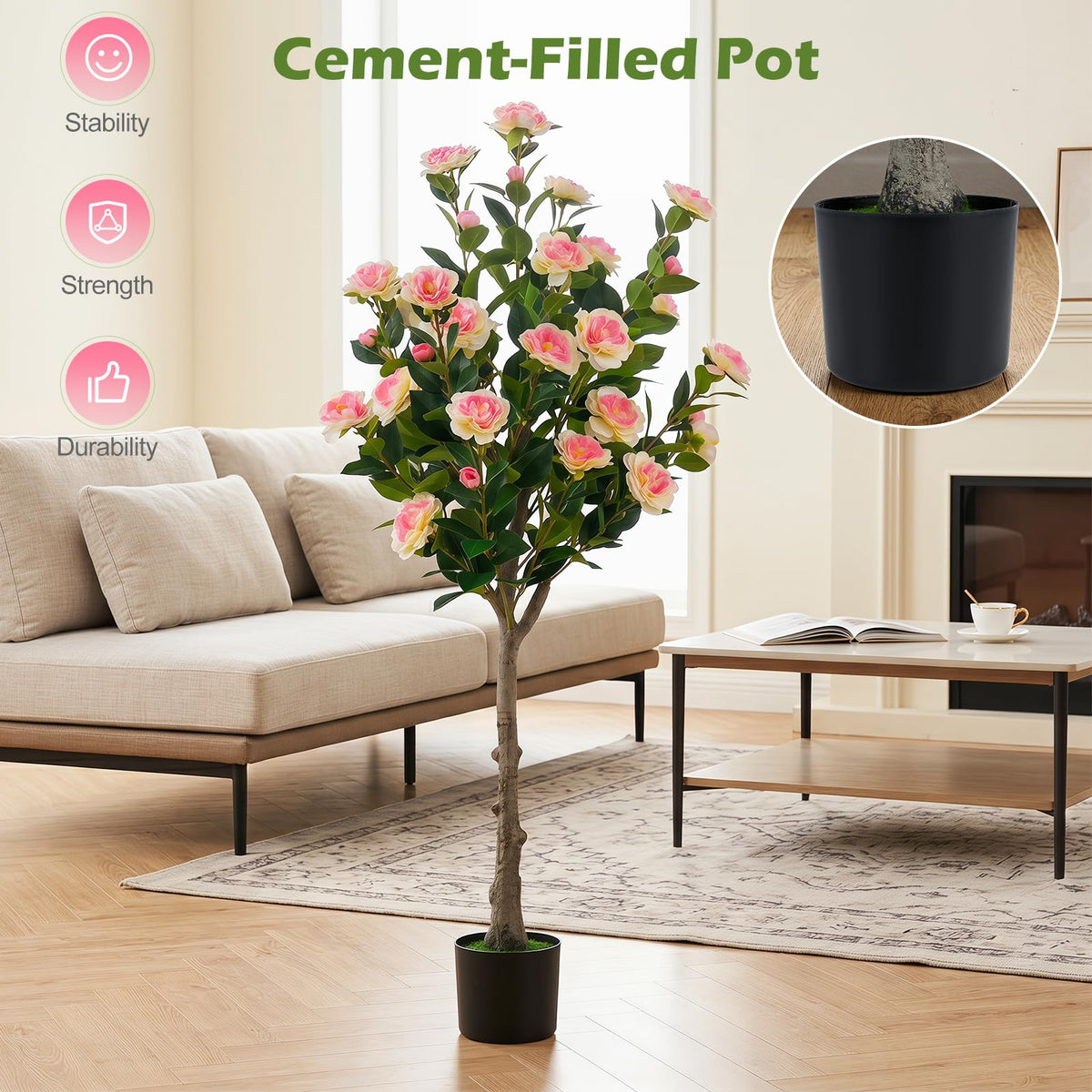 Lucktree 50.5" Artificial Camellia Tree with 27 Camellia Blossoms | Realistic Fake Potted Floral Tree