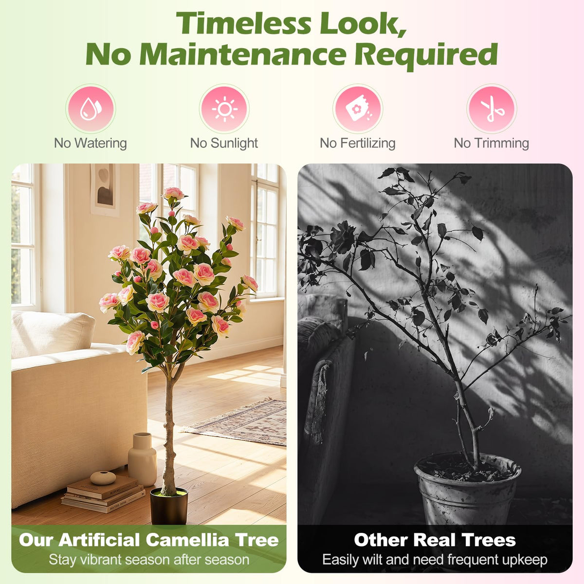 Lucktree 50.5" Artificial Camellia Tree with 27 Camellia Blossoms | Realistic Fake Potted Floral Tree