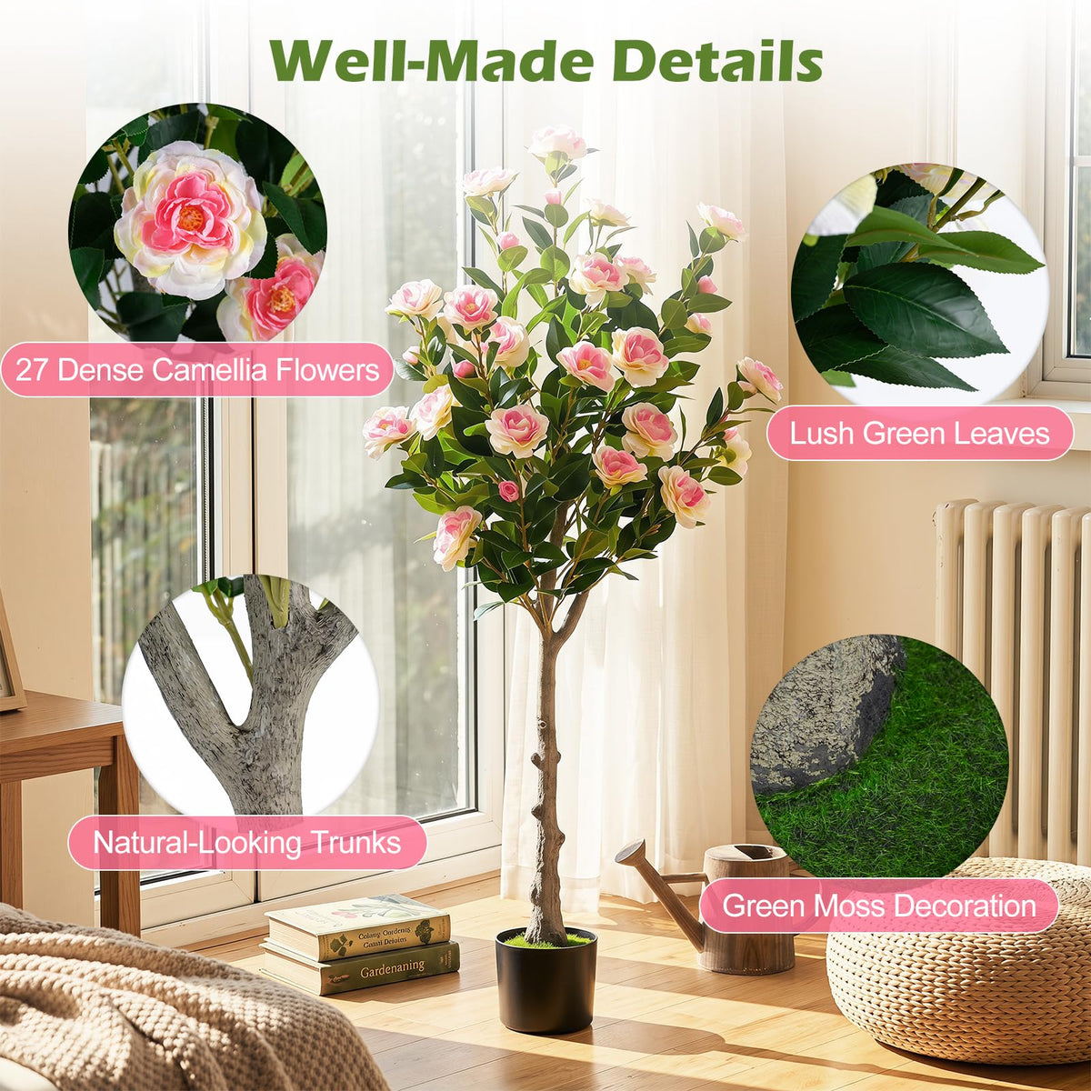Lucktree 50.5" Artificial Camellia Tree with 27 Camellia Blossoms | Realistic Fake Potted Floral Tree