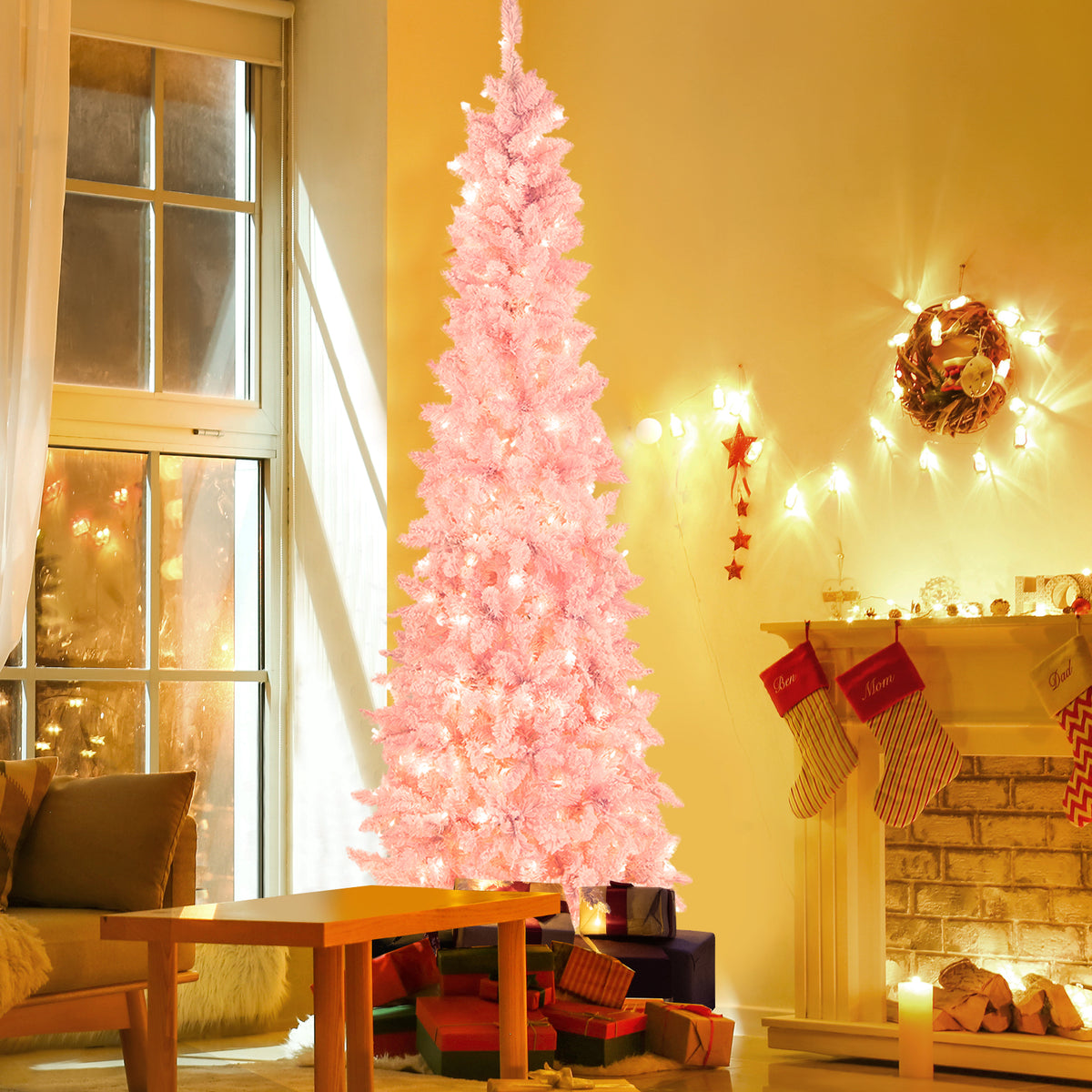 7 FT Slim Pencil Christmas Tree, Hinged Xmas Tree with Flocked Design, 800 PVC Branch Tips