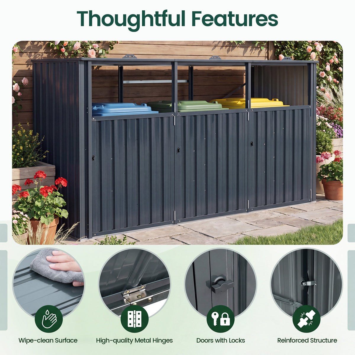3-Bin Metal Trash Can Storage Shed, 238 x 79 CM Outdoor Garbage Shed with Flip-Up Lids & Lockable Doors