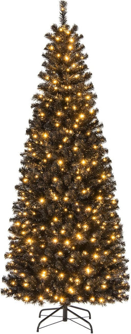 6FT Prelit Pencil Black Christmas Tree, Artificial Slim Xmas Tree with 618 Branch Tips