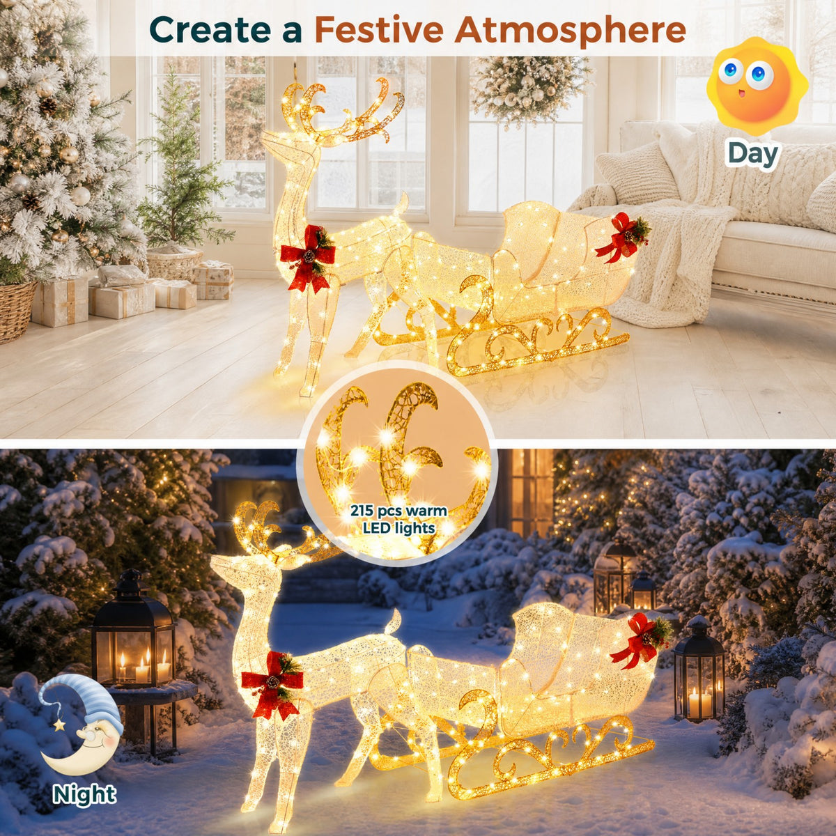 Pre-lit Artificial Christmas Decoration, Lighted Christmas Reindeer and Sleigh with LED Lights