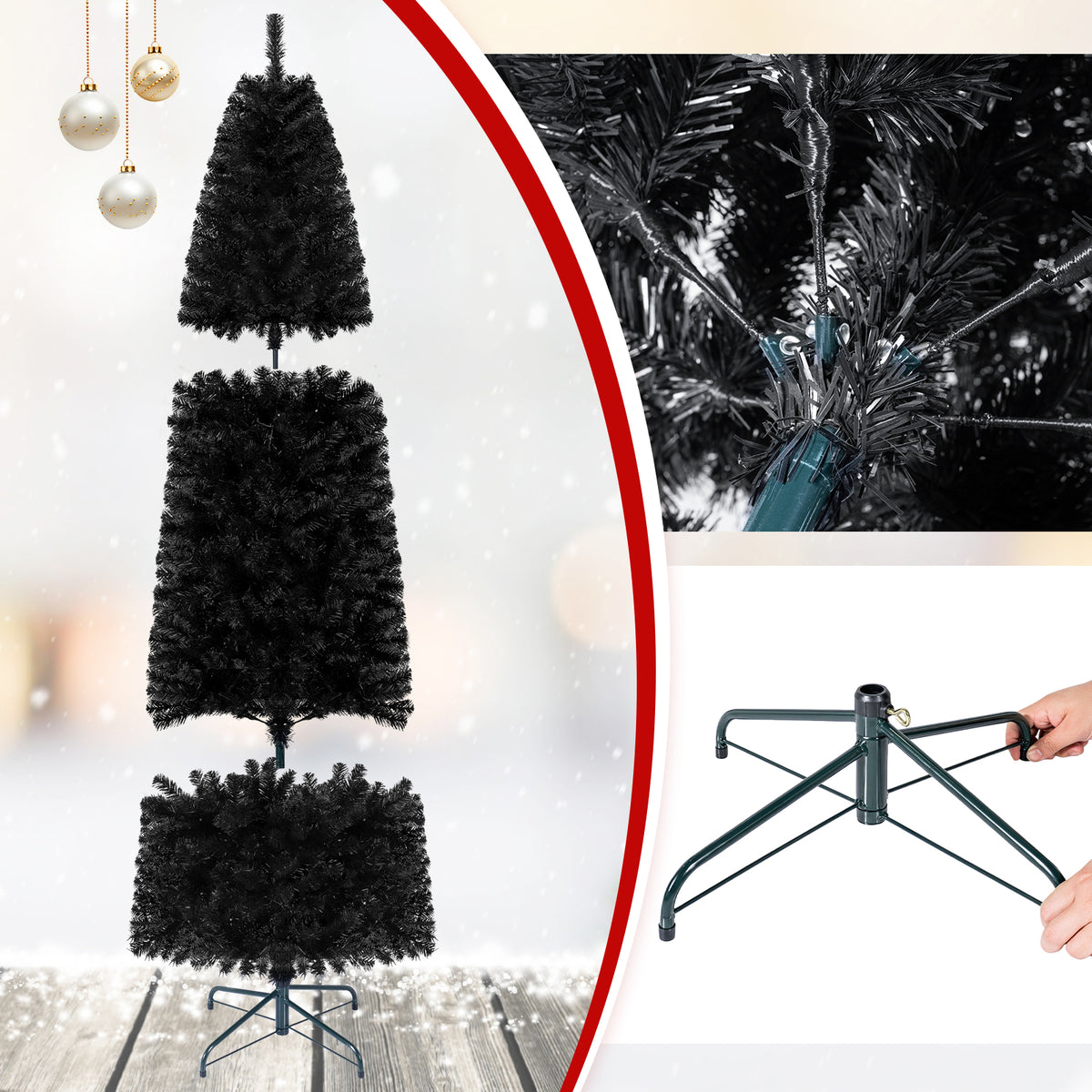 7/8 FT Pre-Lit Black Christmas Tree, Slim Artificial Halloween & Xmas Tree