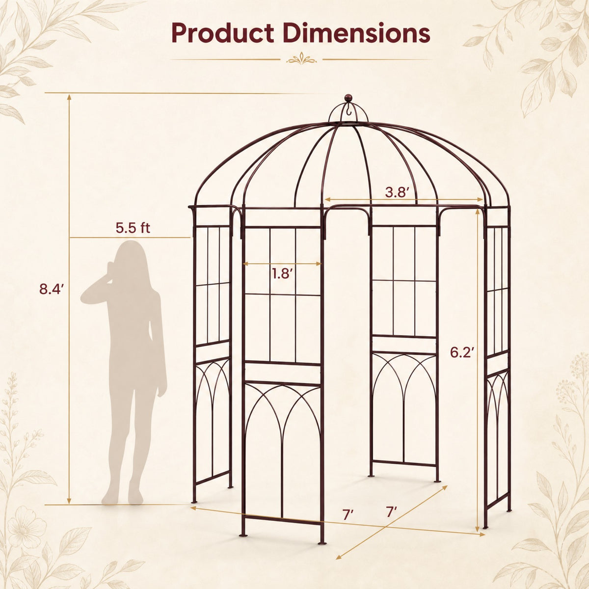 French Style Birdcage Garden Arbor, Heavy-Duty Metal Pergola Pavilion for Climbing Plants