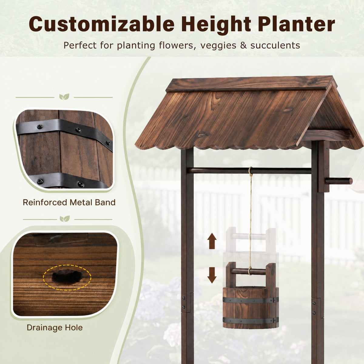 Rustic Outdoor Garden Decoration with Solid Fir Wood Construction, Wooden Wishing Well Planter with Hanging Bucket