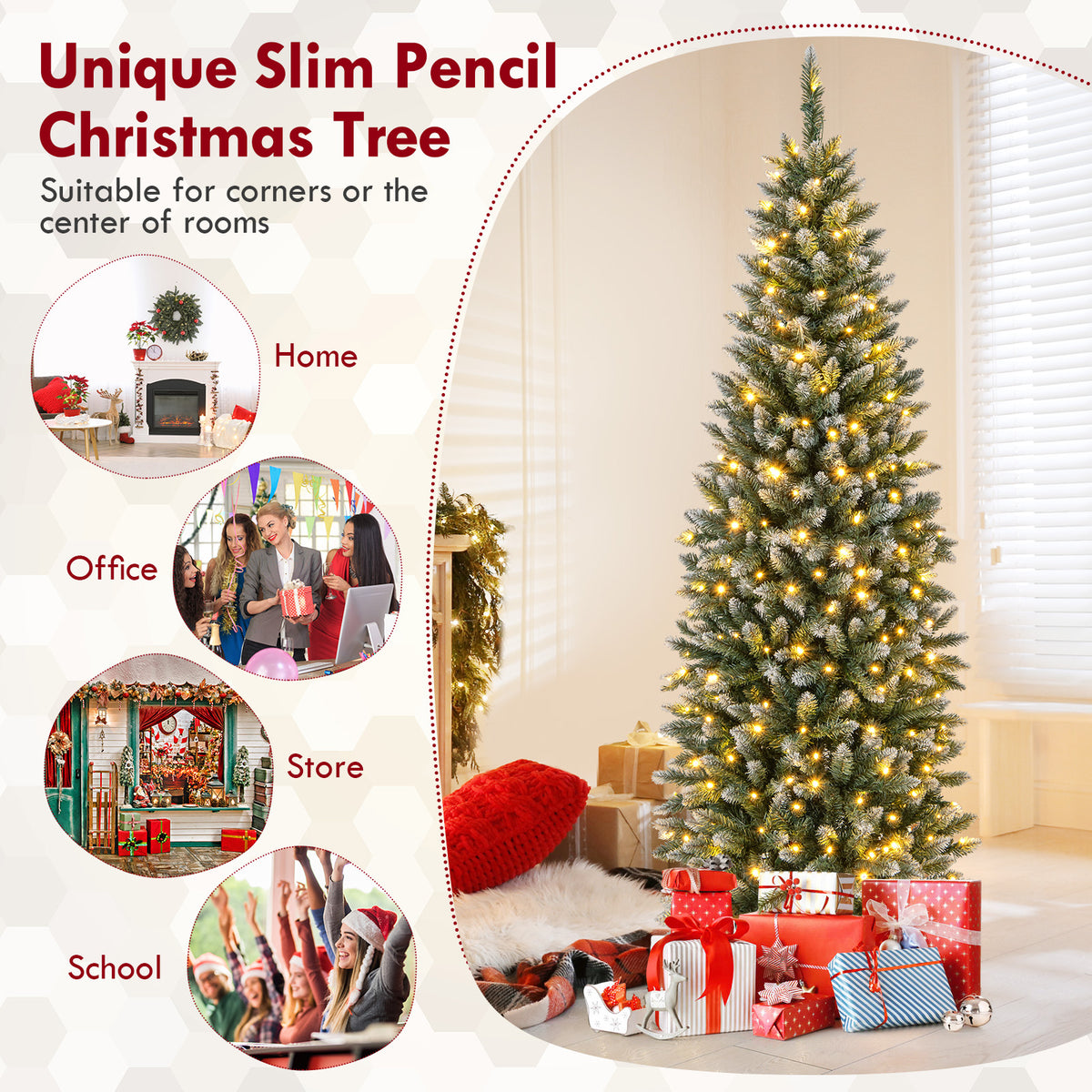 6FT/9FT Pre-Lit Pencil Christmas Tree, Snowy Artificial Christmas Tree with 1298 Branch Tips & 500 LED Lights