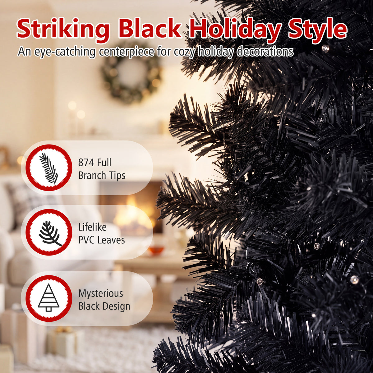 7/8 FT Pre-Lit Black Christmas Tree, Slim Artificial Halloween & Xmas Tree