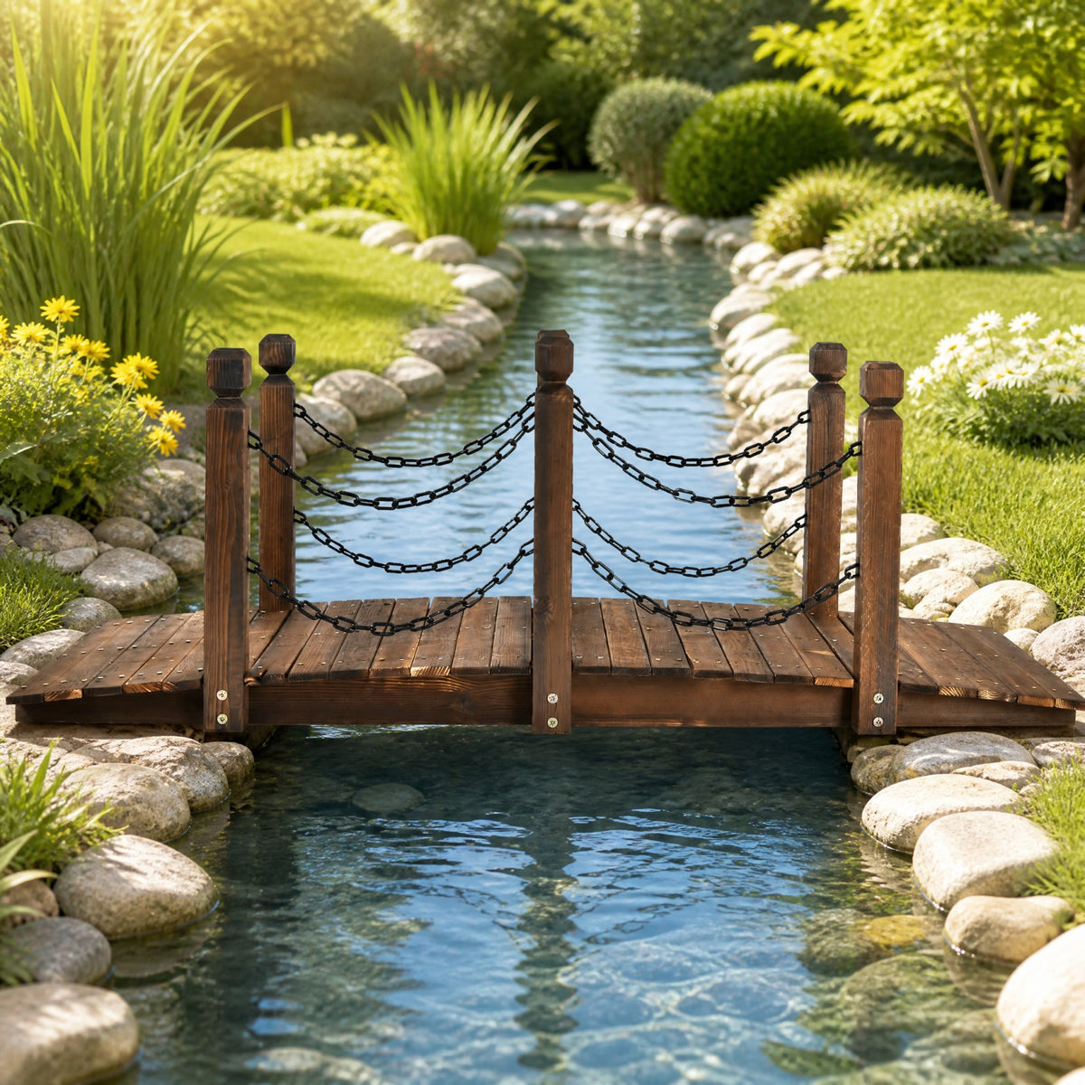 150cm Wooden Bridge, Arc Footbridge w/Safe Chain Railings, Outside Small Arc Pond Bridge