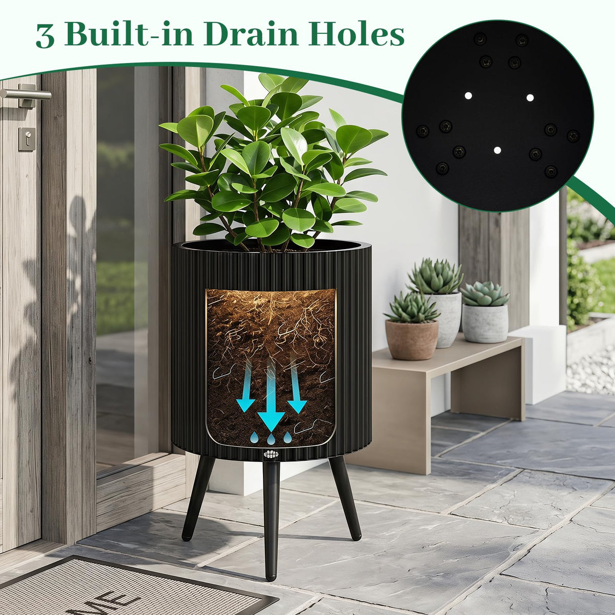 Lucktree 14 Inch Plant Pot with Stand with Built-in Drainage Holes