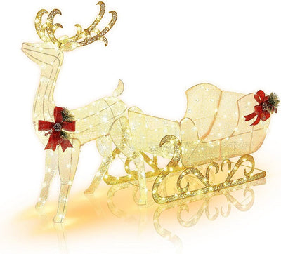 Pre-lit Artificial Christmas Decoration, Lighted Christmas Reindeer and Sleigh with LED Lights