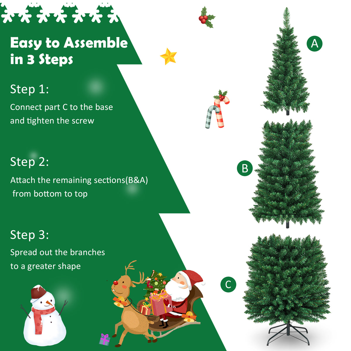 5/6/7/8/9 FT Slim Pencil Artificial Christmas Tree, Unlit Green Xmas Tree with Lush PVC Branch Tips