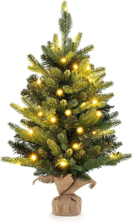 2FT Pre-Lit Artificial Mini Christmas Tree, Small Tabletop Xmas Fir Tree with 234 Branch Tips