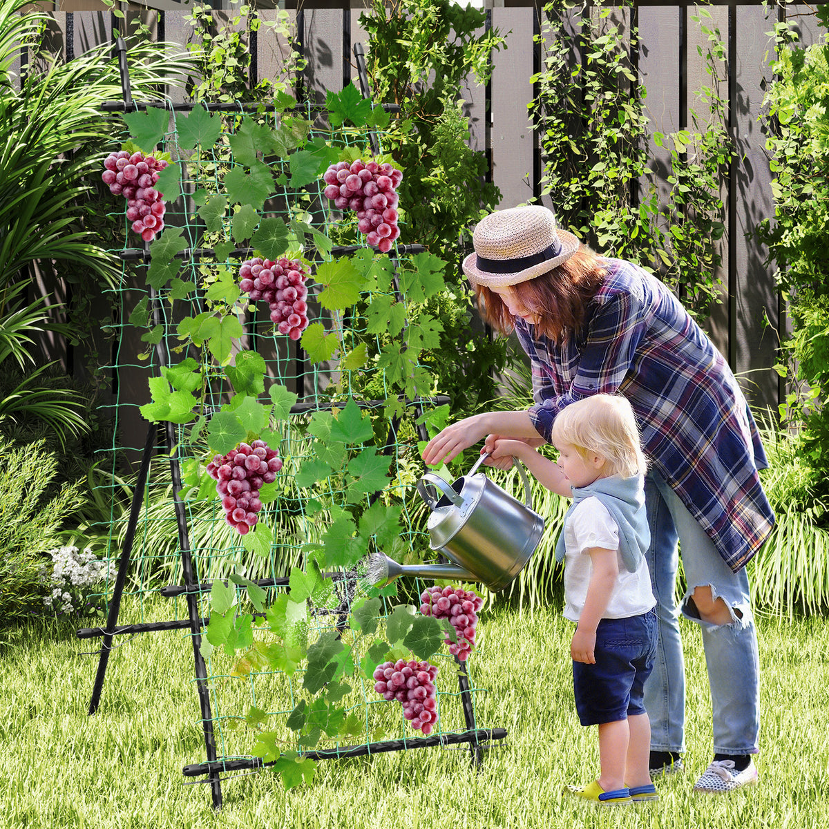 74" Raised Bed Cucumber Trellis, Outdoor Garden Trellis w/Netting, PE-Coated Metal Plant Support for Climbing Vegetables