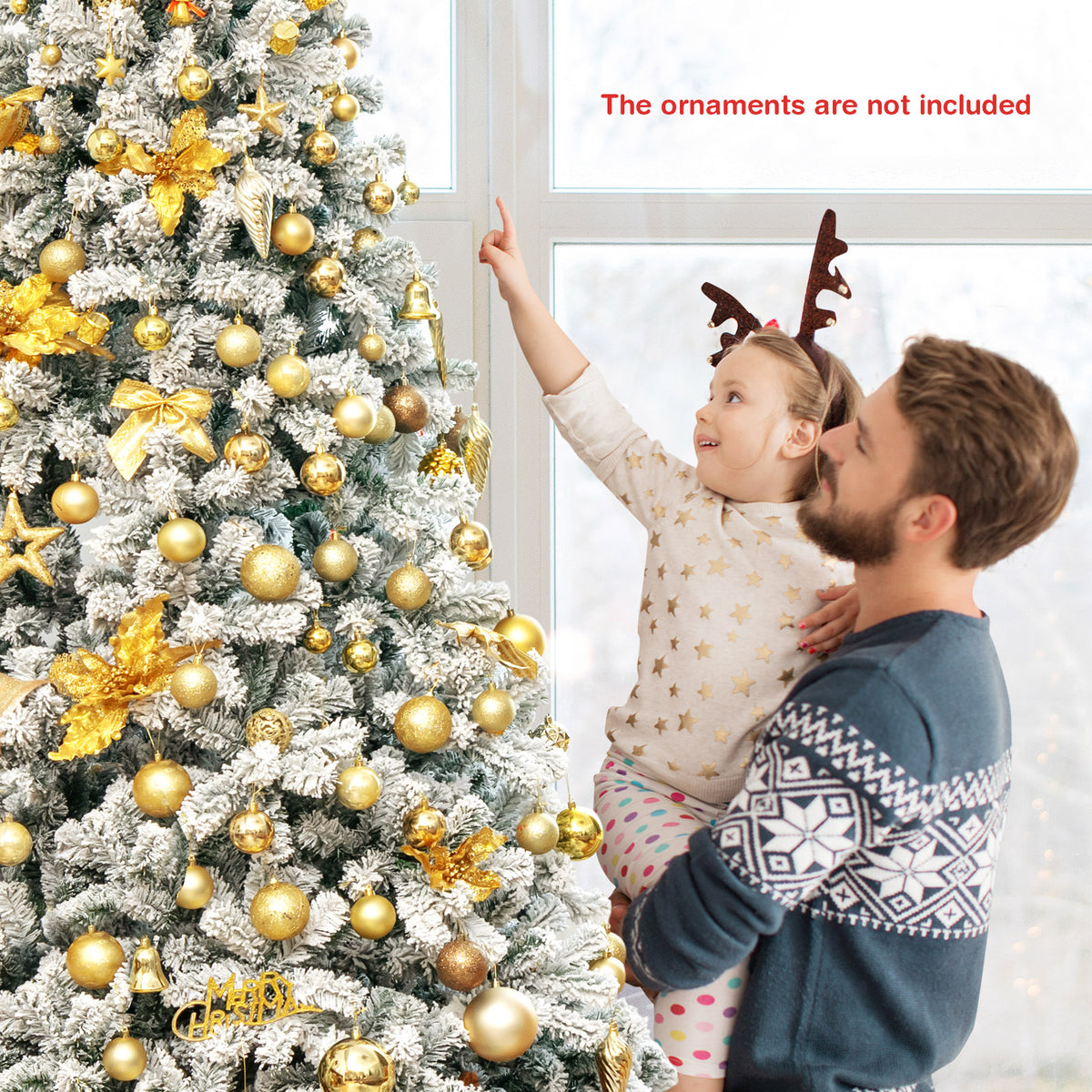 9FT Flocked Christmas Tree, Artificial Xmas Tree w/PVC Needles, Metal Stand