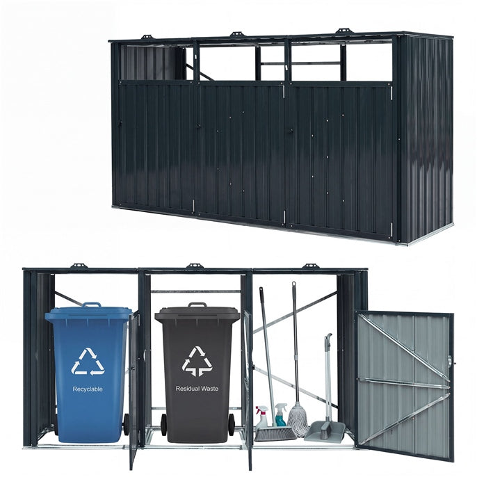 3-Bin Metal Trash Can Storage Shed, 238 x 79 CM Outdoor Garbage Shed with Flip-Up Lids & Lockable Doors