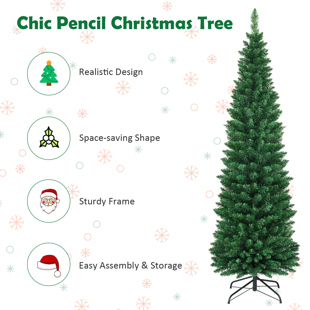 5/6/7/8/9 FT Slim Pencil Artificial Christmas Tree, Unlit Green Xmas Tree with Lush PVC Branch Tips
