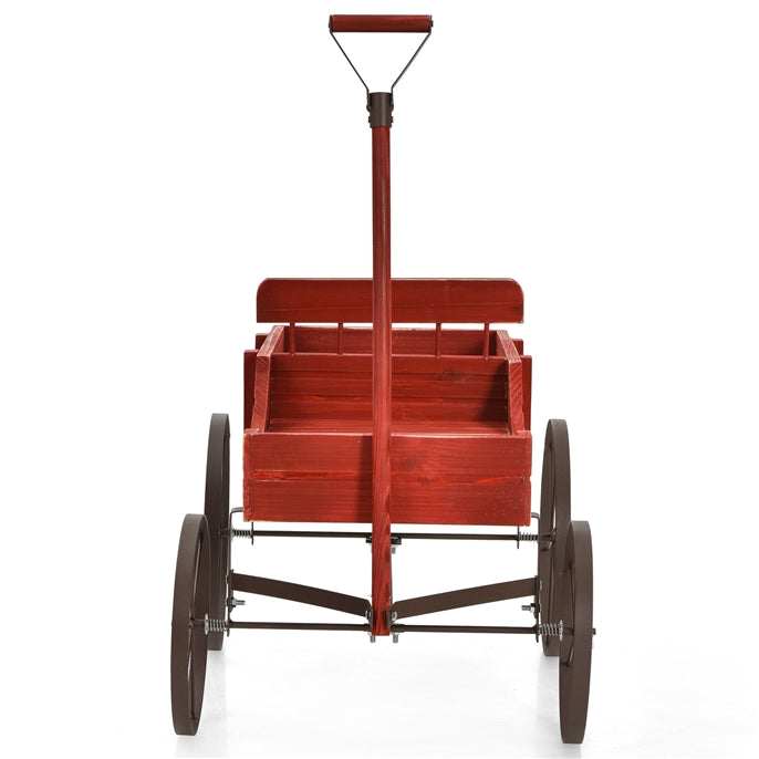 Vintage Wooden Planting Cart, Farmhouse Style Mobile Planter with Adjustable Pull Handle and 4 Wheels