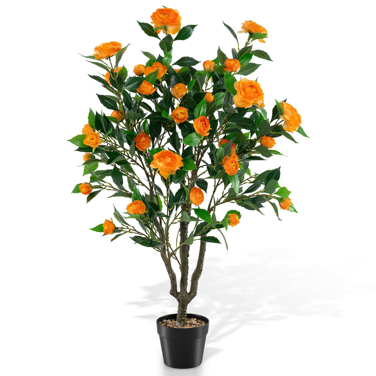 Lucktree 40" Artificial Camellia Tree Faux Camellia Potted Plant in Cement-Filled Pot (1/2 Pack)