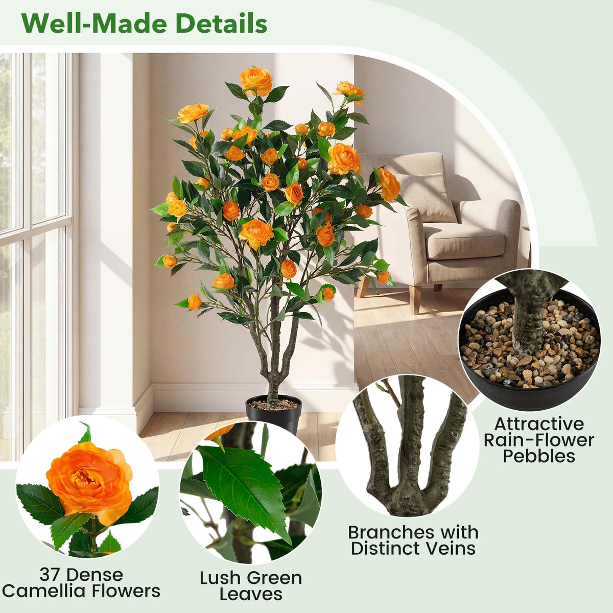 Lucktree 40" Artificial Camellia Tree Faux Camellia Potted Plant in Cement-Filled Pot (1/2 Pack)