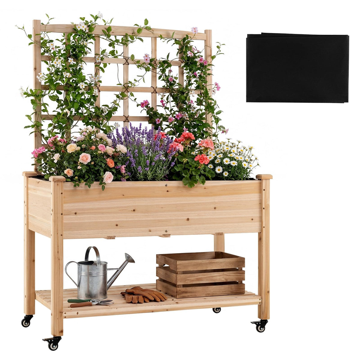 Lucktree 65'' Wooden Raised Garden Bed w/Trellis on Wheels ( 1/2 )