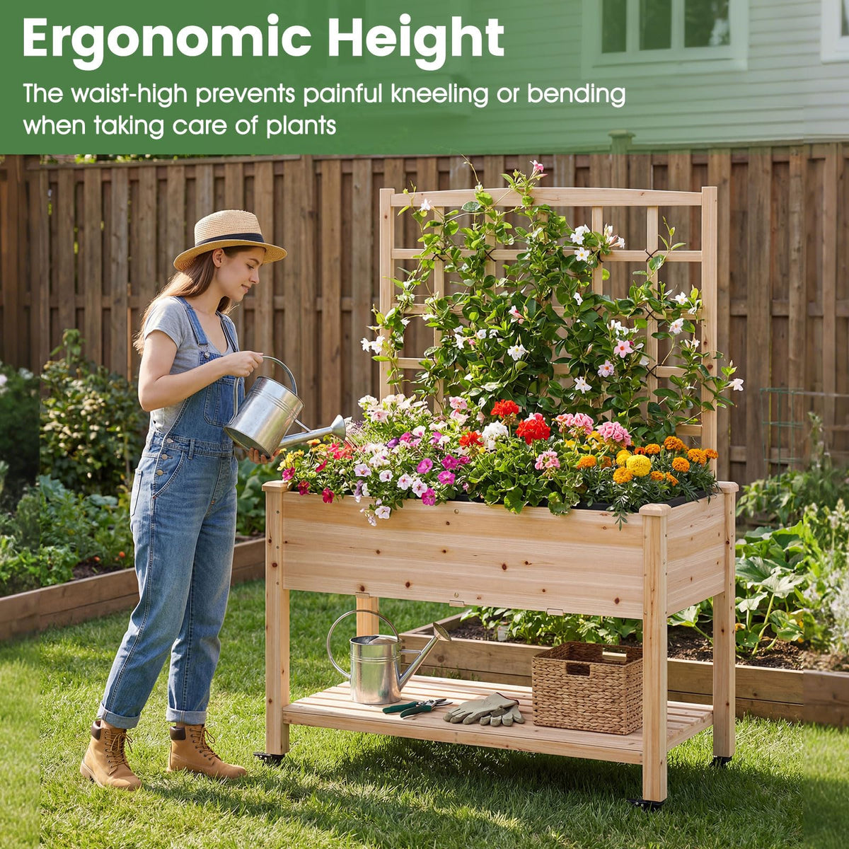 Lucktree 65'' Wooden Raised Garden Bed w/Trellis on Wheels ( 1/2 )