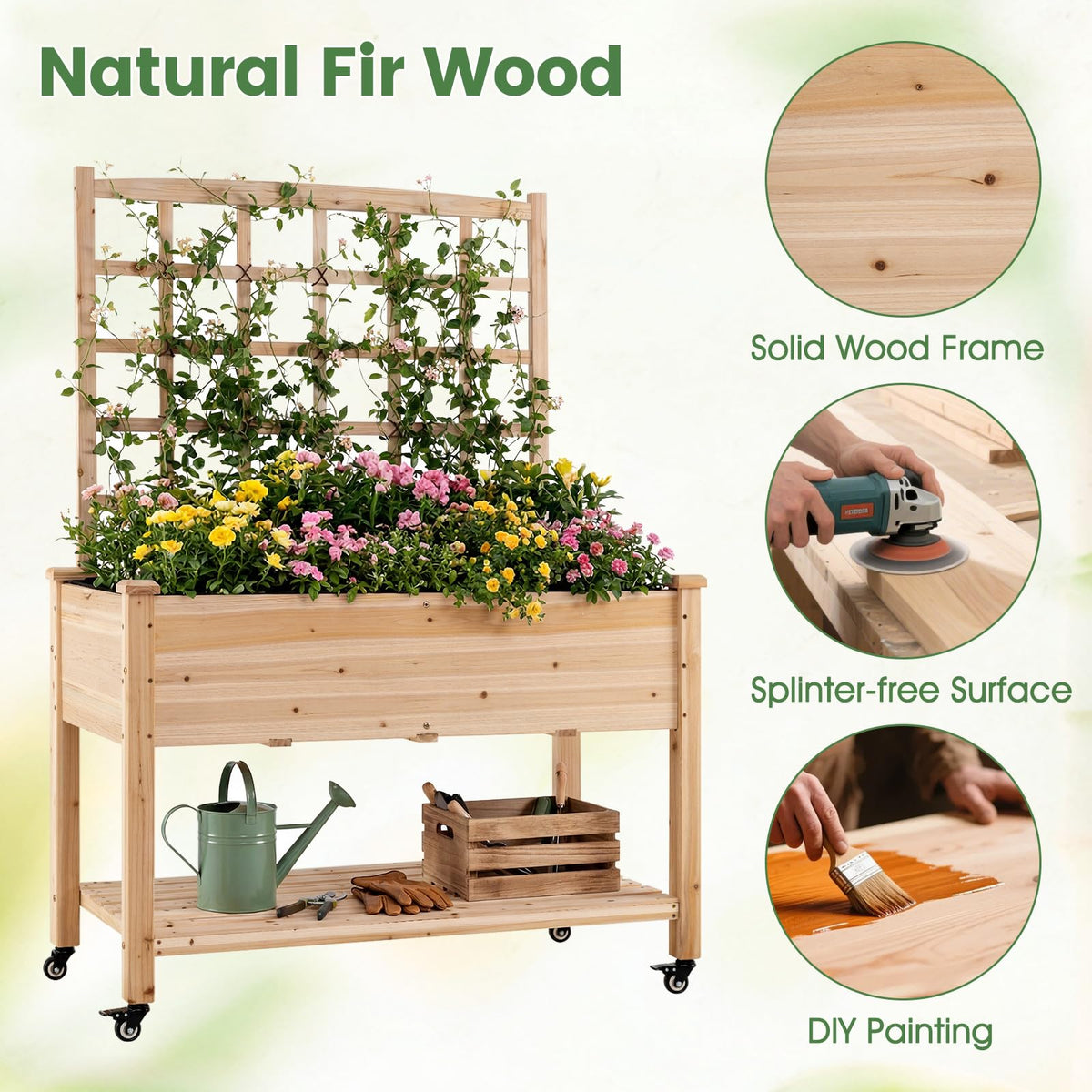 Lucktree 65'' Wooden Raised Garden Bed w/Trellis on Wheels ( 1/2 )