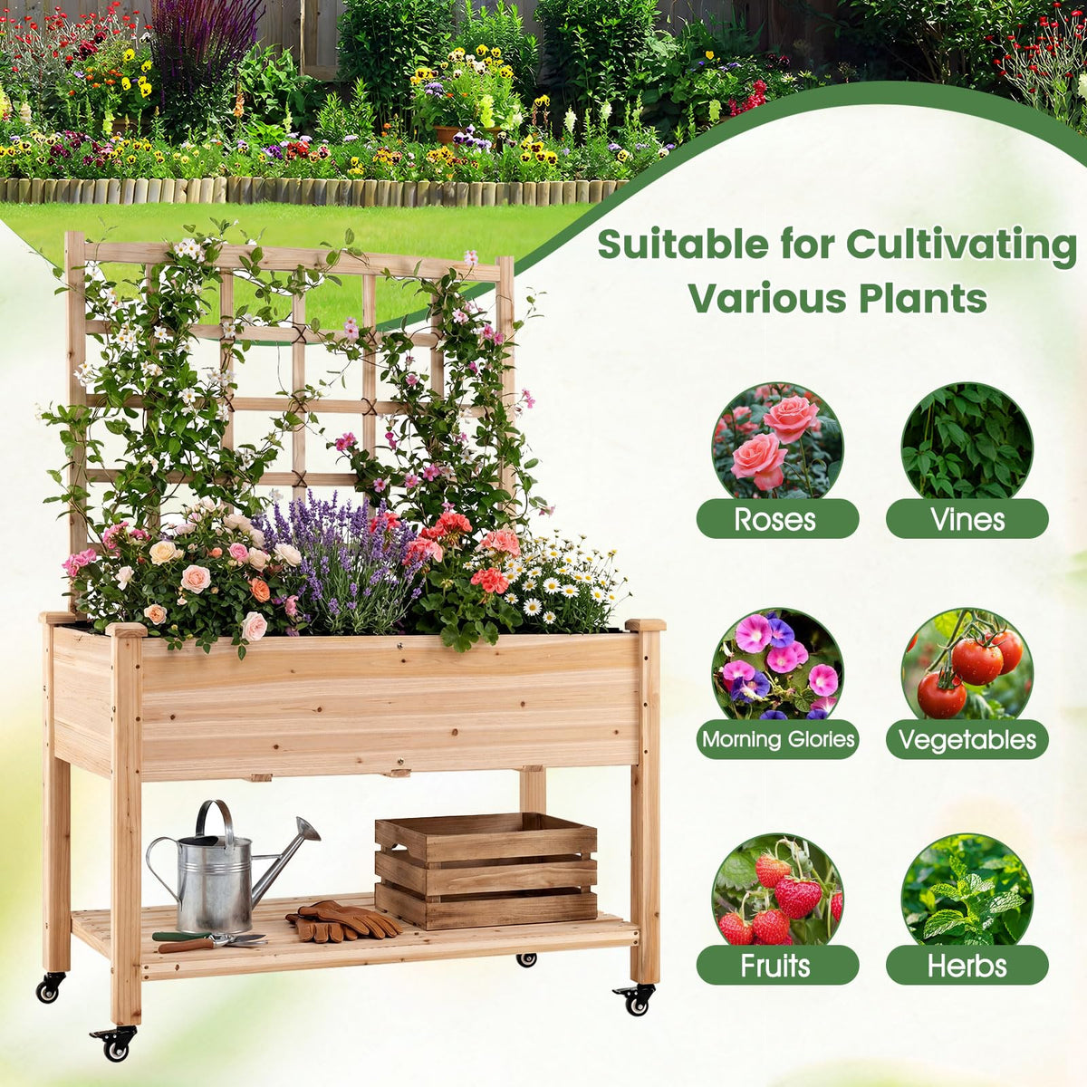 Lucktree 65'' Wooden Raised Garden Bed w/Trellis on Wheels ( 1/2 )