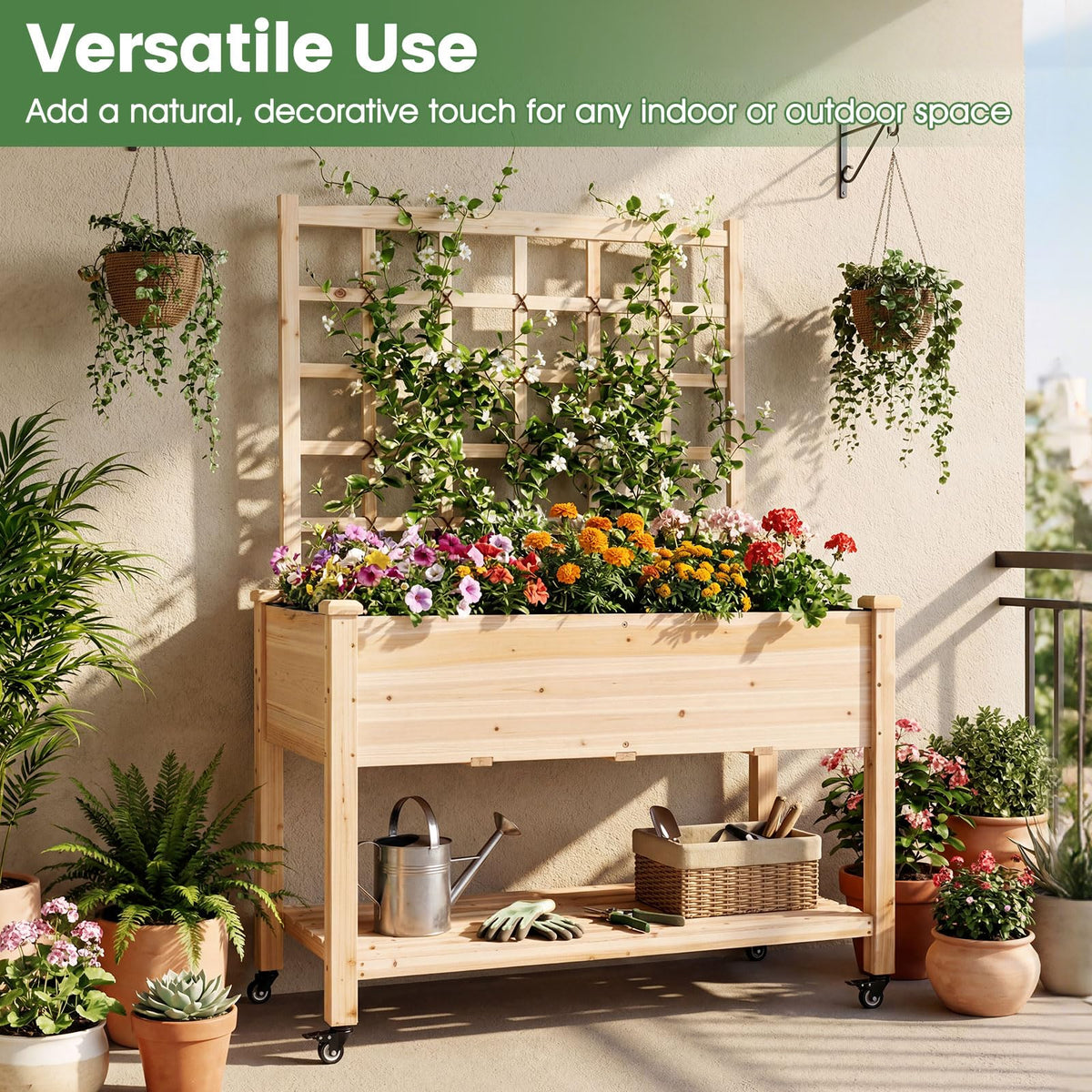 Lucktree 65'' Wooden Raised Garden Bed w/Trellis on Wheels ( 1/2 )