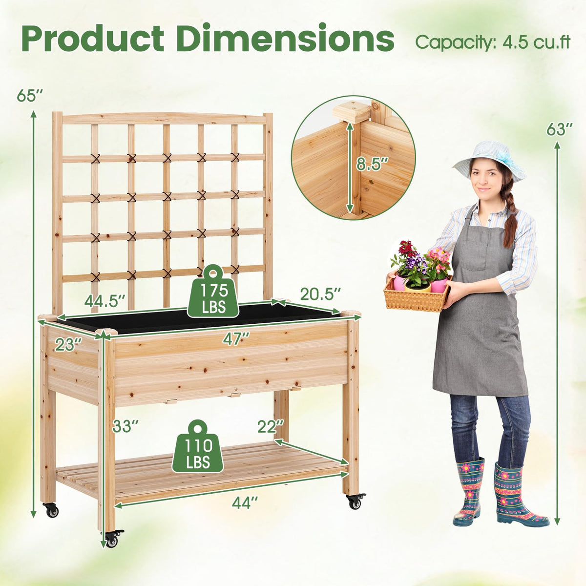 Lucktree 65'' Wooden Raised Garden Bed w/Trellis on Wheels ( 1/2 )