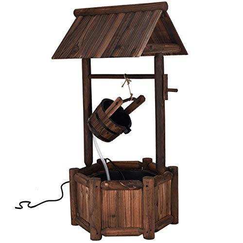 Lucktree Wishing Well Water Fountain Rustic Wooden Outdoor Garden Decorative Fountain Backyard w/ Electric Pump