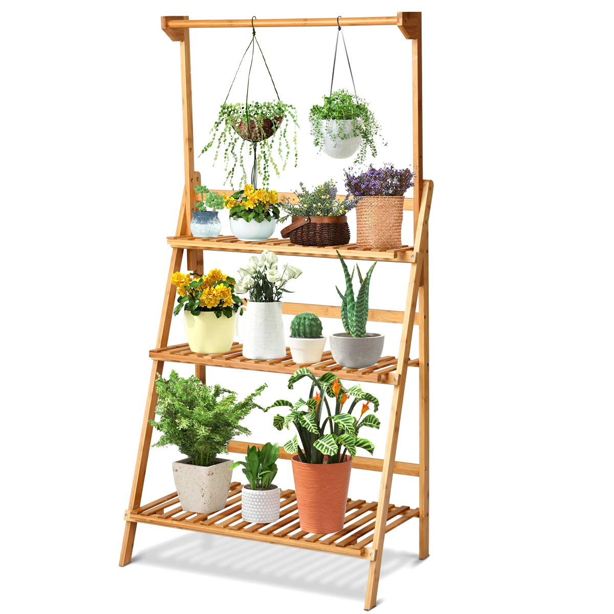 Lucktree 3-Tier Hanging Plant Stand Storage Shelf, Folding Flower Pot Organizer Display Storage Rack