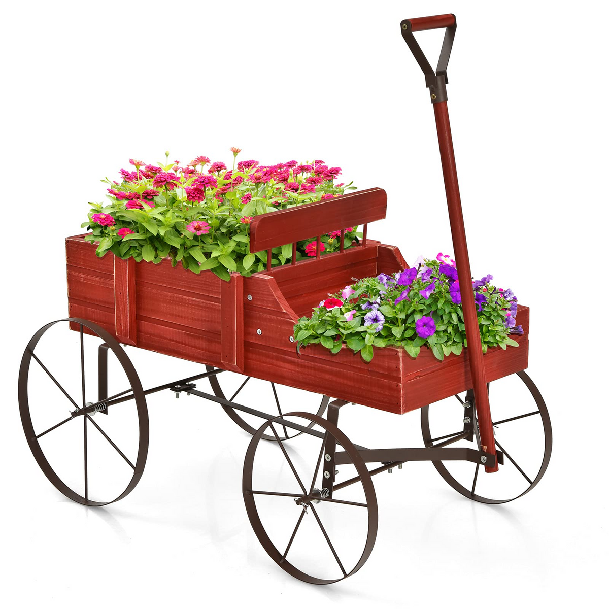 Lucktree Decorative Garden Planter, Small Wagon Cart with Metal Wheels, Wood Raised Beds Plant Pot Stand for Backyard Garden Patio 24.5"x13.5"x24"