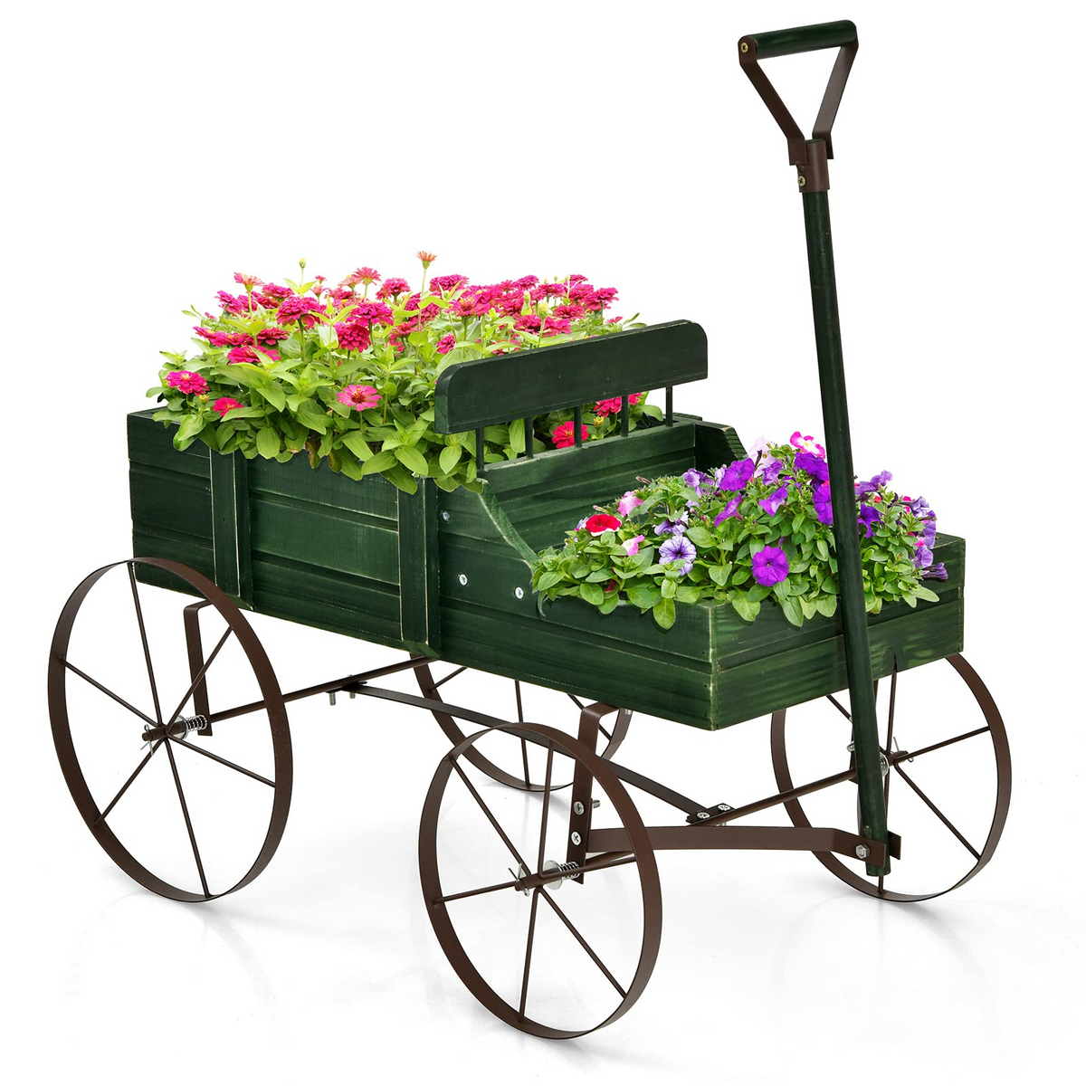 Lucktree Decorative Garden Planter, Small Wagon Cart with Metal Wheels, Wood Raised Beds Plant Pot Stand for Backyard Garden Patio 24.5"x13.5"x24"