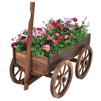 Lucktree Wood Wagon Flower Planter Pot Stand W/Wheels Home Garden Outdoor Decor