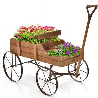 Lucktree Decorative Garden Planter, Small Wagon Cart with Metal Wheels, Wood Raised Beds Plant Pot Stand for Backyard Garden Patio 24.5"x13.5"x24"