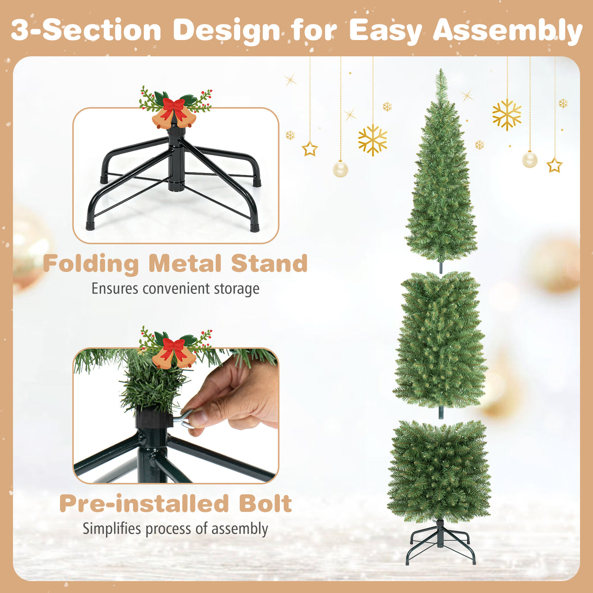 7FT Pre-Lit Pencil Christmas Tree, Slim Artificial Xmas Tree with Folding Metal Stand