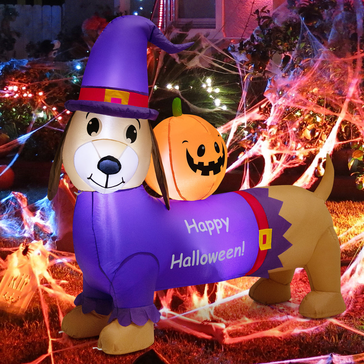 5FT Long Halloween Inflatable Dachshund, Blow Up Wiener Dog with Pumpkin & Witch Hat