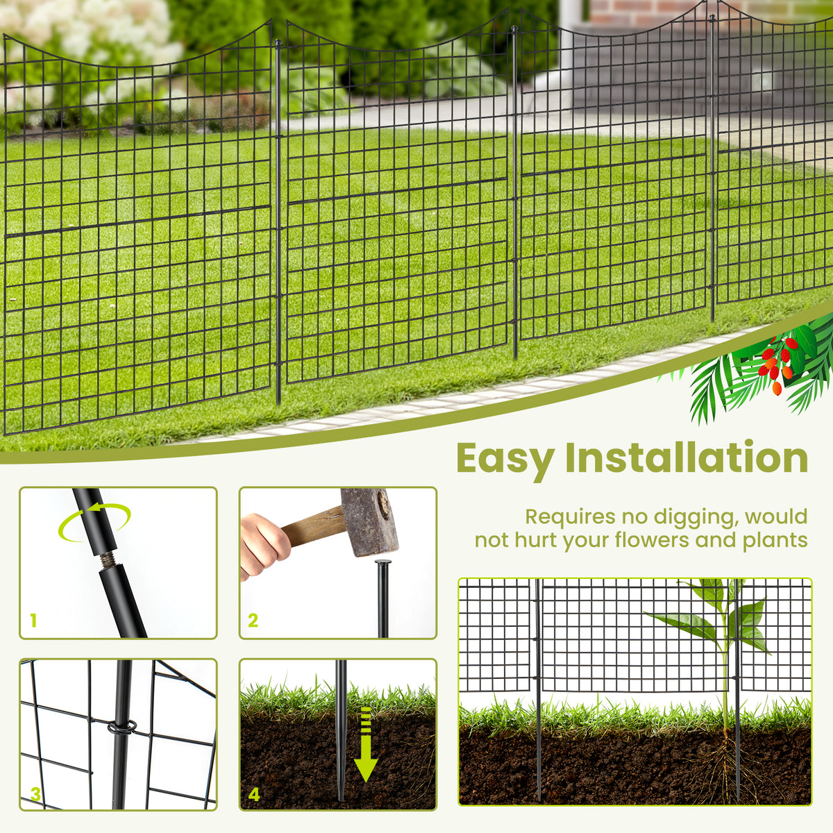 5-Panel Decorative Garden Fence with 5 Stakes, 39" Tall Outdoor Dog Barrier