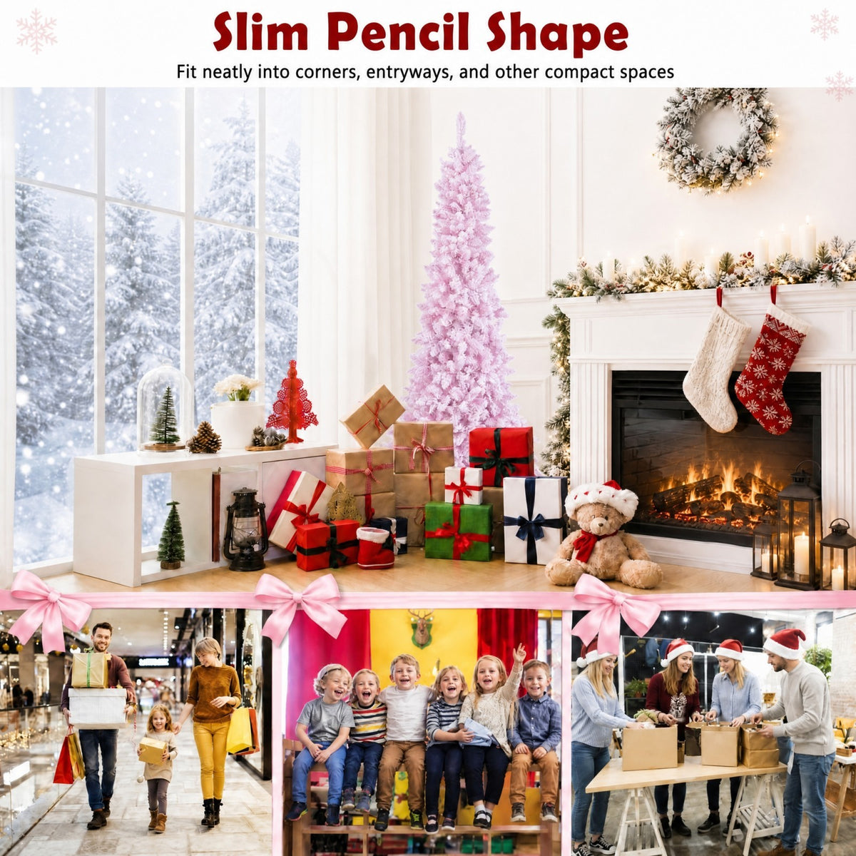 7 FT Slim Pencil Christmas Tree, Hinged Xmas Tree with Flocked Design, 800 PVC Branch Tips