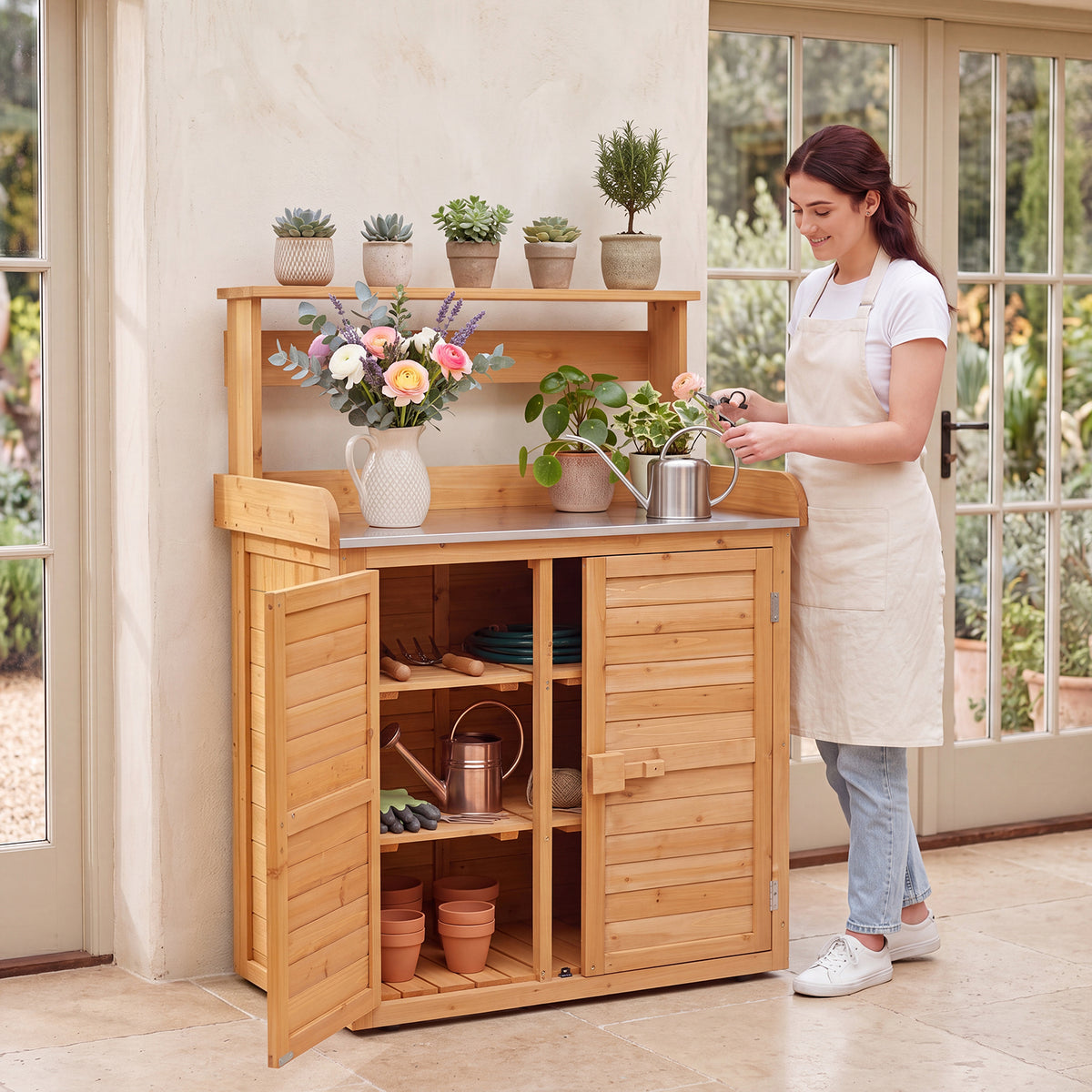 Garden Potting Bench Table, Wood Plant Workstation w/ Stainless Steel Tabletop