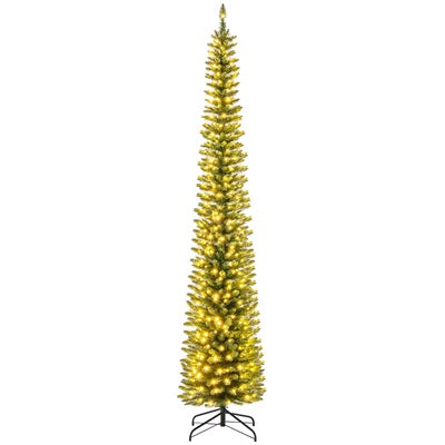 7FT Pre-Lit Pencil Christmas Tree, Slim Artificial Xmas Tree with Folding Metal Stand