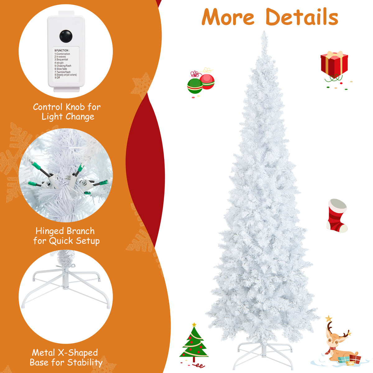 7 FT Christmas Pencil Tree, Hinged Holiday Tree with 300 Warm White LED Lights