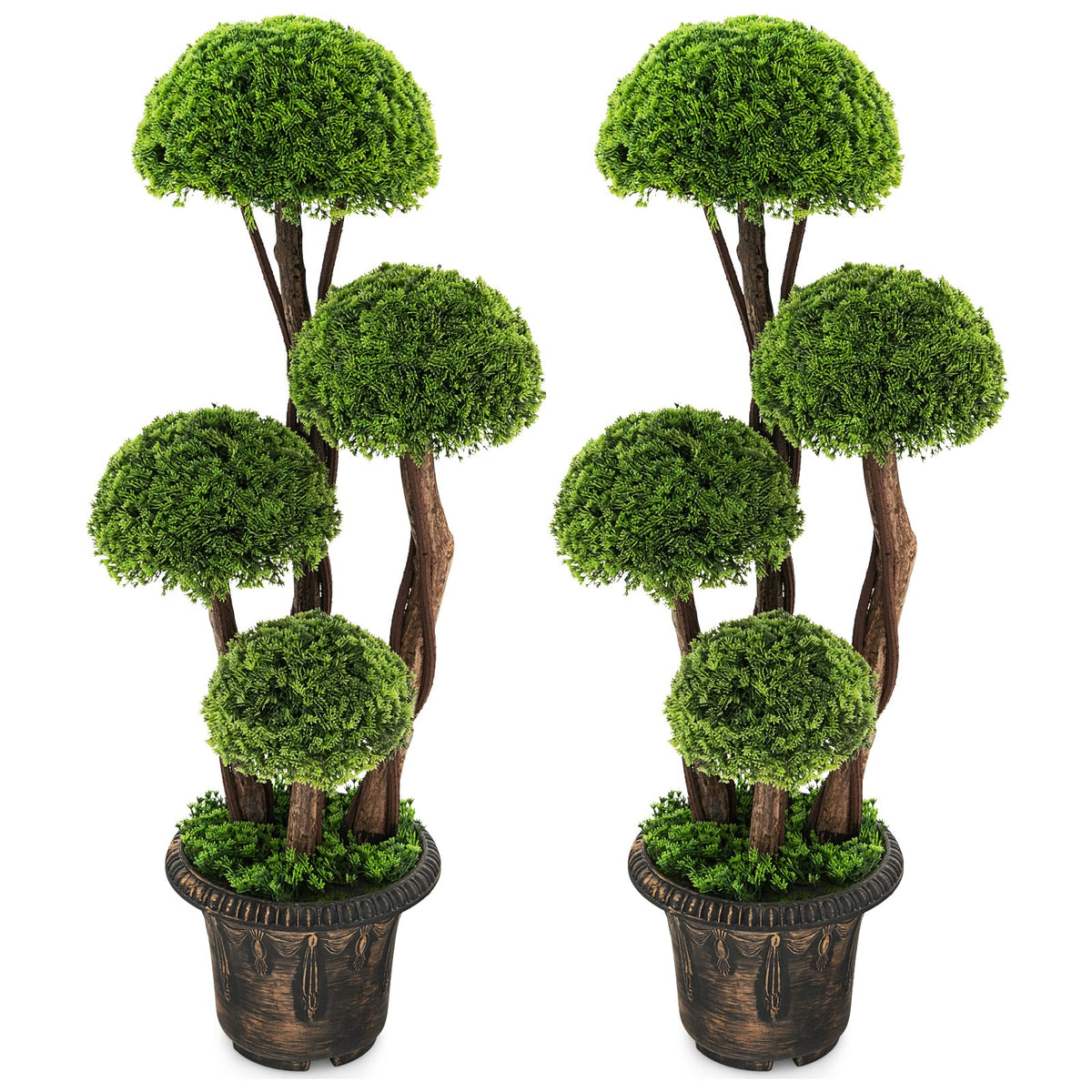 Lucktree 3 FT Artificial Cypress Topiary Ball Tree Faux Greenery Plant with Cement-Filled Planter (1/2 Pack)