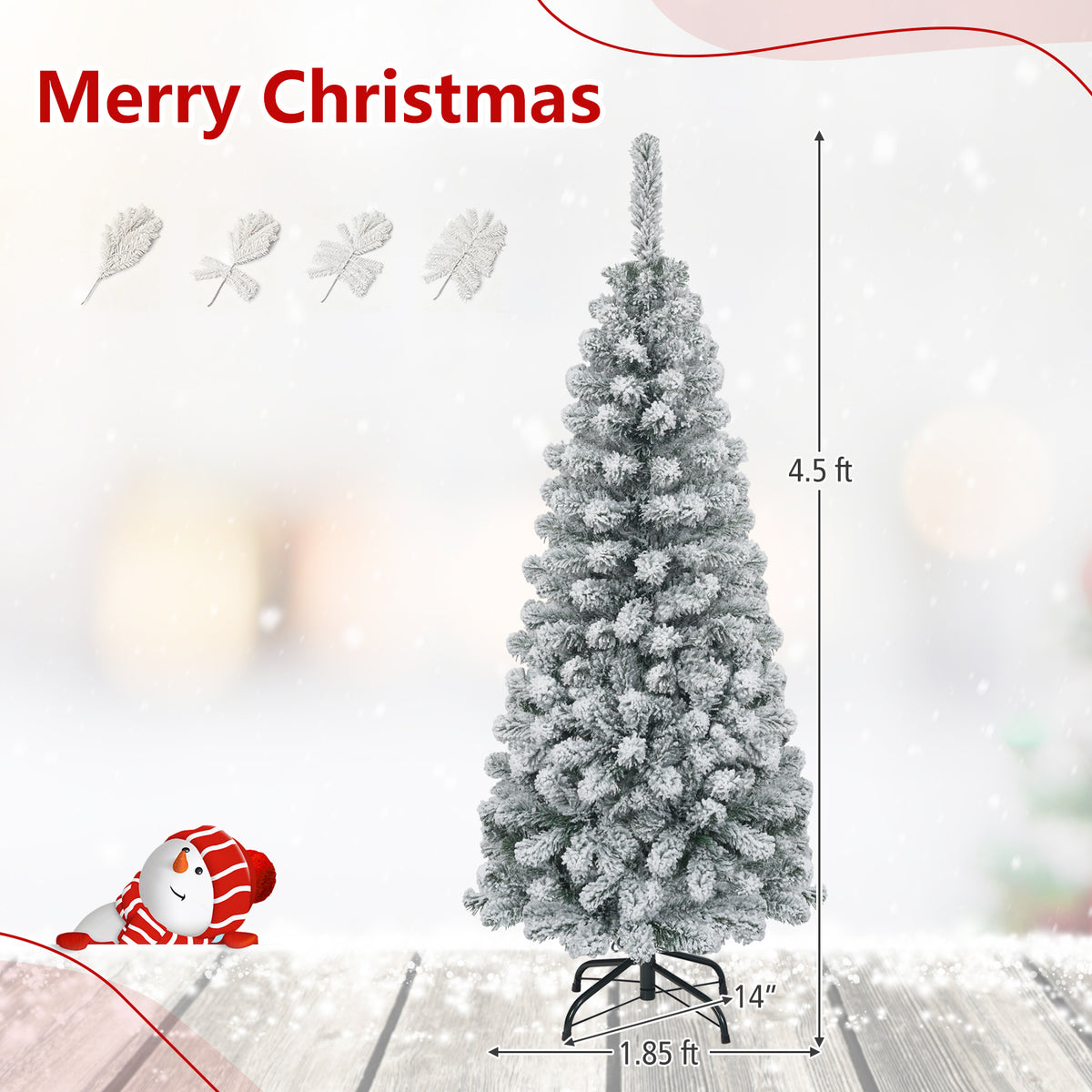 4.5/6/7.5 FT Snow-Flocked Christmas Tree, Artificial Pencil Xmas Tree with 244/502/641 PVC Branch Tips