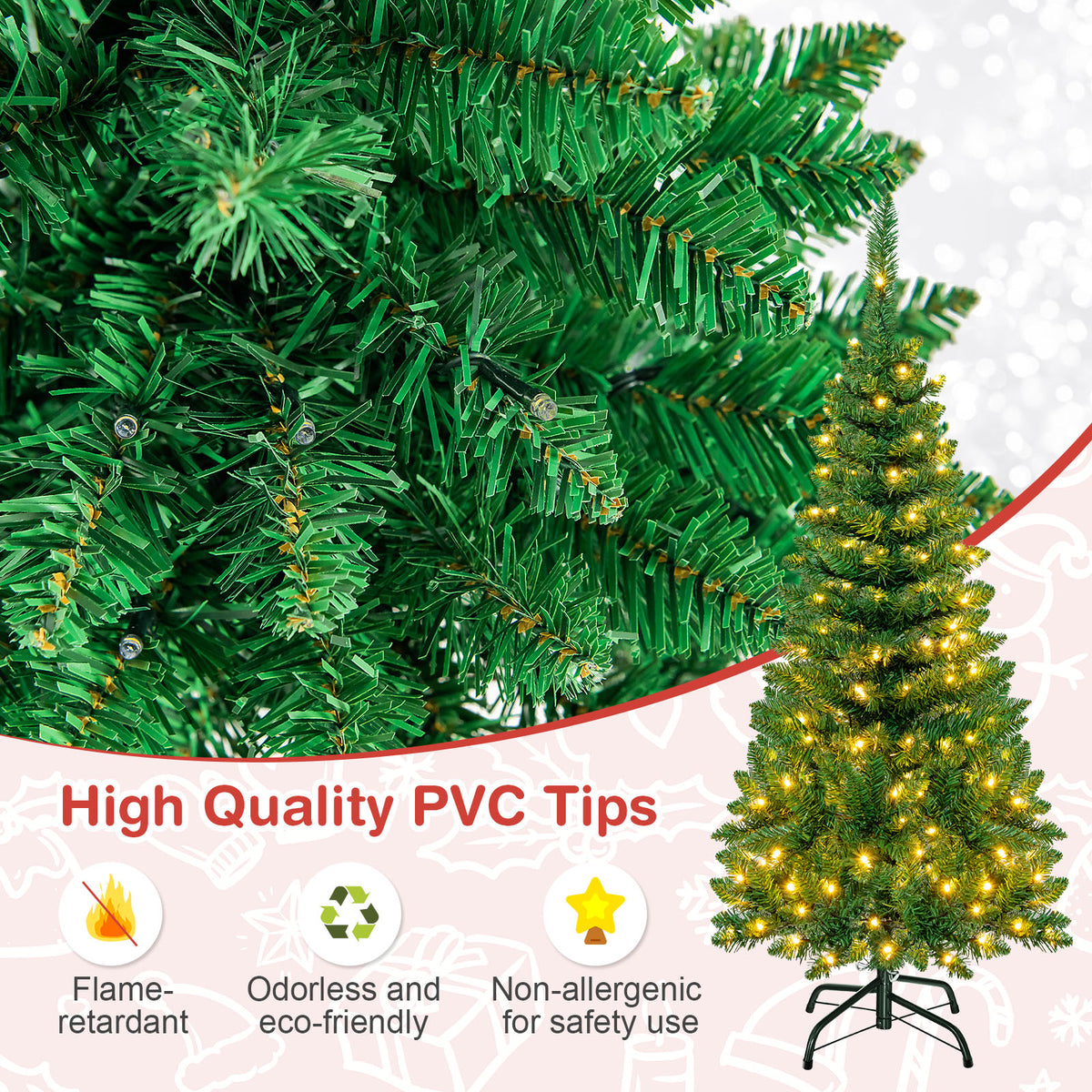 4.5 ft Snow Flocked Pencil Christmas Tree, Pre-Lit Slim Xmas Tree with 226 Branch Tips