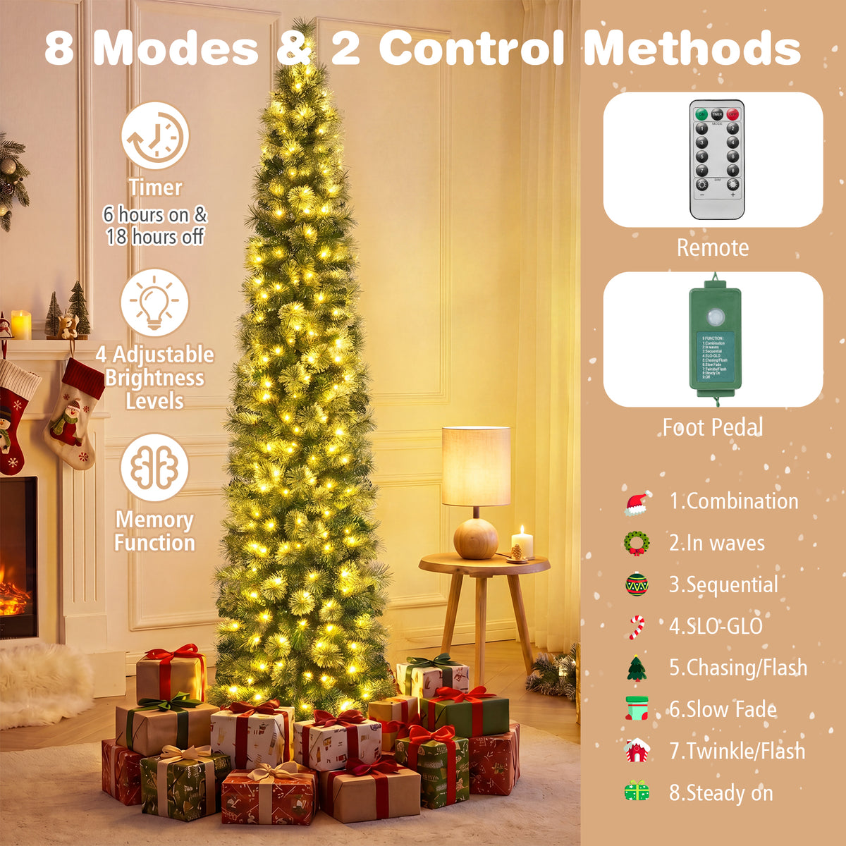 7FT Pre-lit Pencil Christmas Tree, Slim Artificial Xmas Tree with 150 Warm White LED Lights