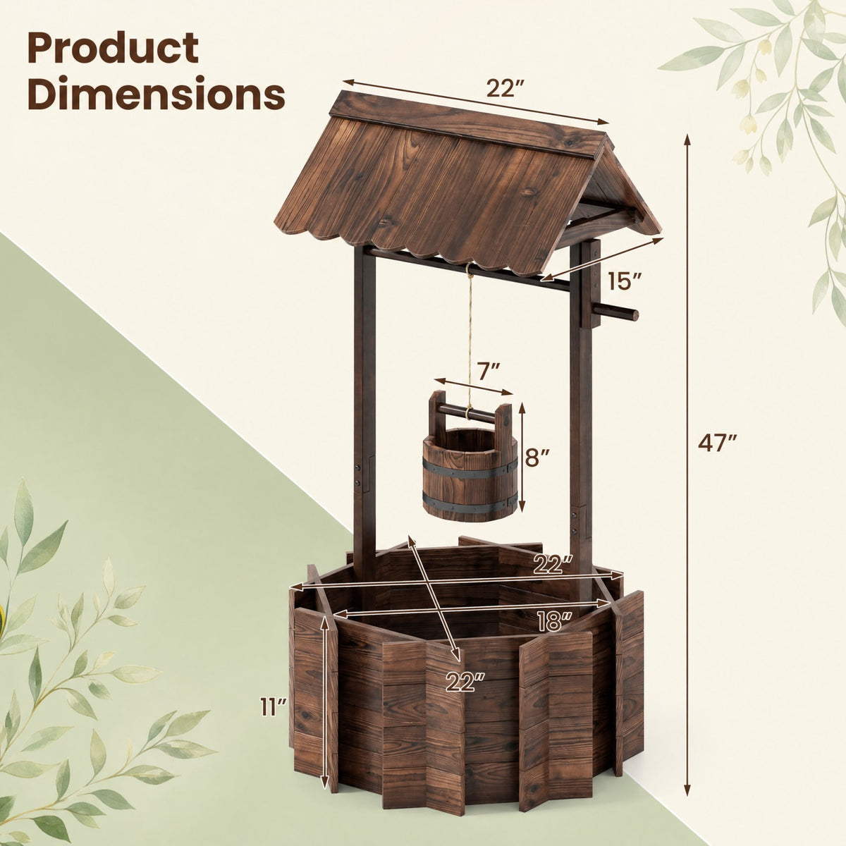 Rustic Outdoor Garden Decoration with Solid Fir Wood Construction, Wooden Wishing Well Planter with Hanging Bucket